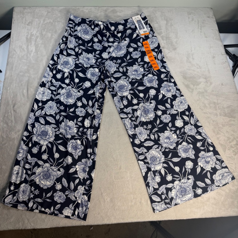 Three Dots Floral Wide Leg Pants Women XXL Navy White Stretch Pull On Trousers